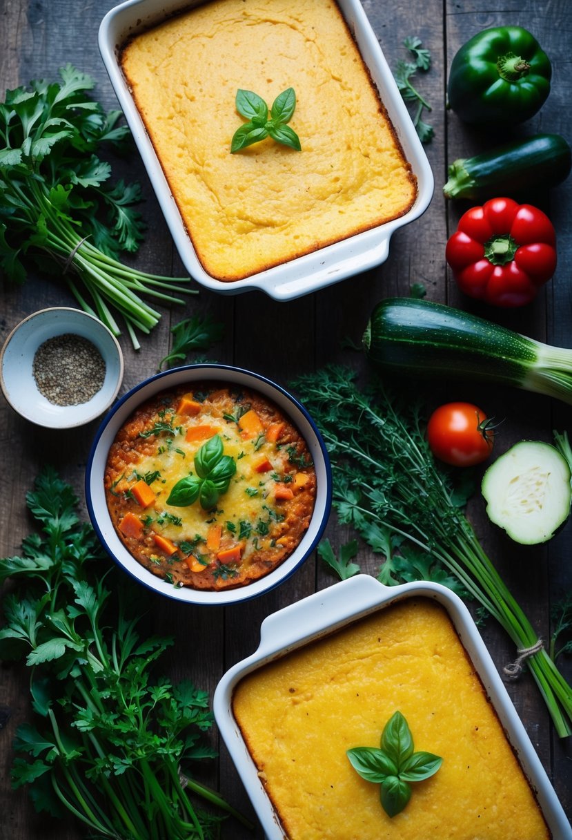 A rustic kitchen table with a golden-brown polenta veggie bake surrounded by fresh vegetables and herbs