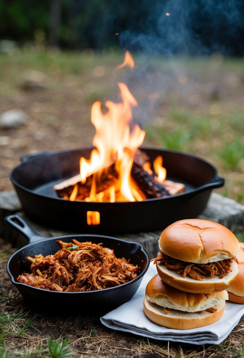 A rustic campsite with a crackling fire, a cast iron skillet filled with BBQ pulled pork, and a stack of brioche buns ready to be assembled into sandwiches