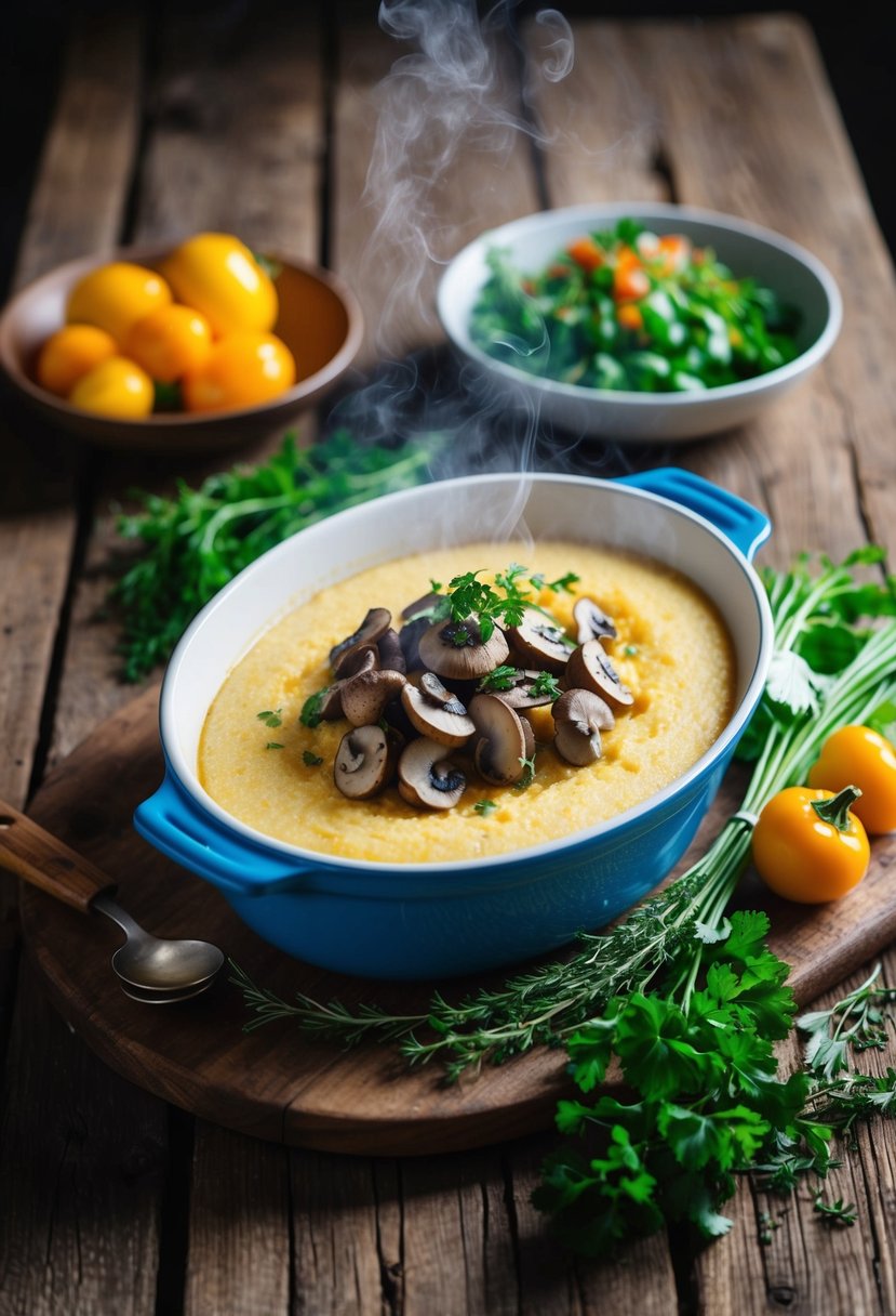 A rustic wooden table with a steaming casserole dish of mushroom polenta, surrounded by fresh herbs and colorful vegetables