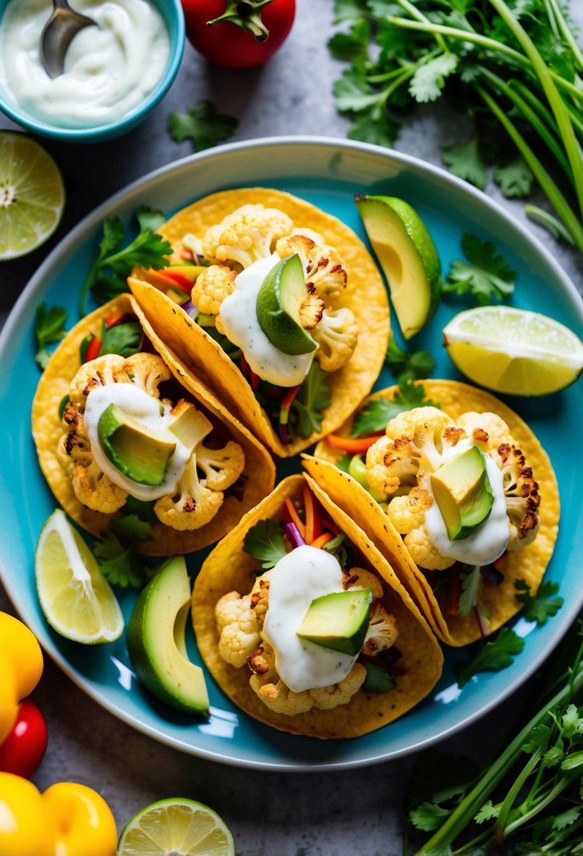 A colorful plate of roasted cauliflower tacos topped with avocado crema, surrounded by vibrant vegetables and herbs