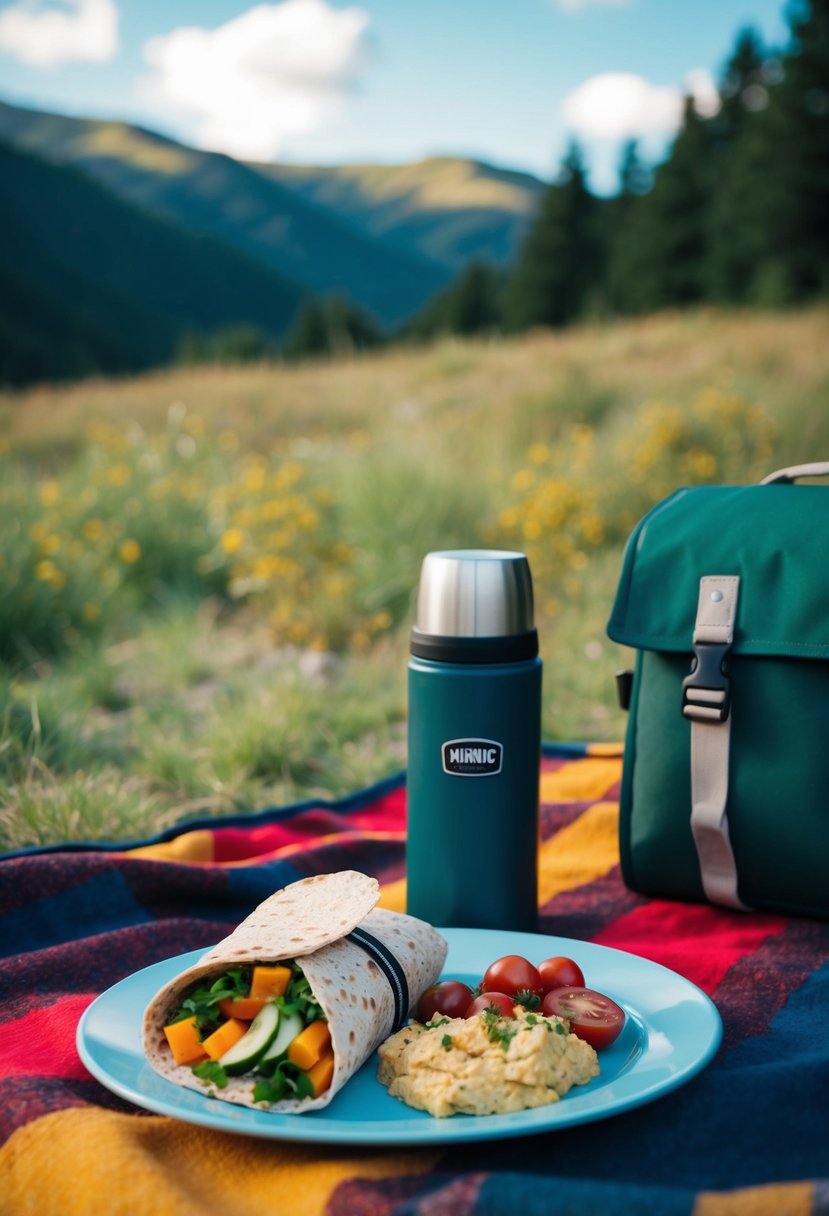 A picnic blanket with a veggie and hummus wrap, a thermos, and camping gear set against a scenic outdoor backdrop