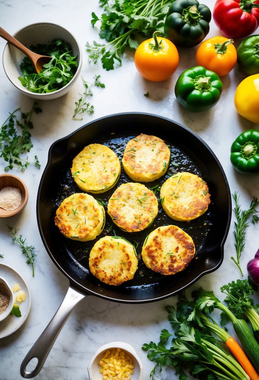 A sizzling skillet of golden zucchini polenta patties surrounded by fresh herbs and colorful vegetables