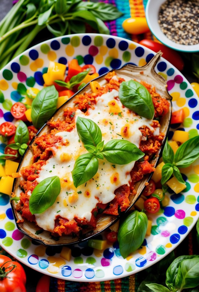 A colorful plate of eggplant parmesan topped with fresh basil leaves, surrounded by vibrant vegetables and herbs