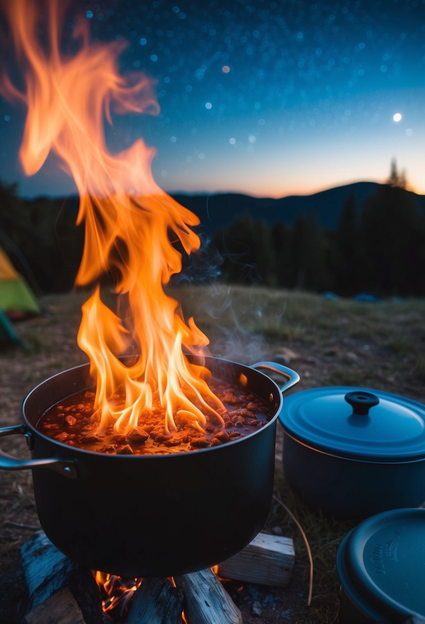 A pot of smoky campfire chili simmers over crackling flames. Nearby, camping gear and a starry night sky complete the scene