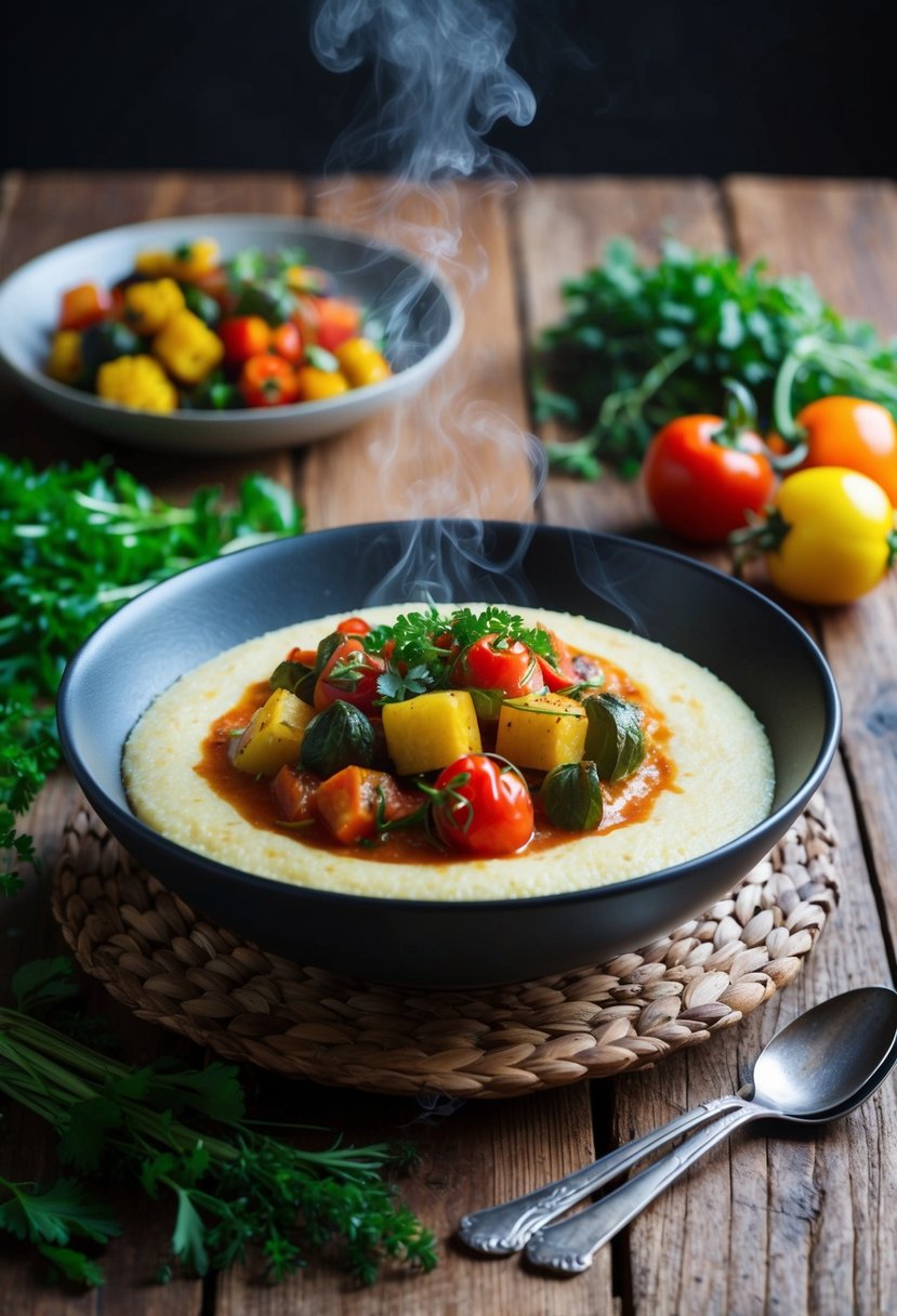 A rustic wooden table set with a steaming bowl of creamy polenta topped with colorful roasted ratatouille, surrounded by fresh herbs and vibrant vegetables