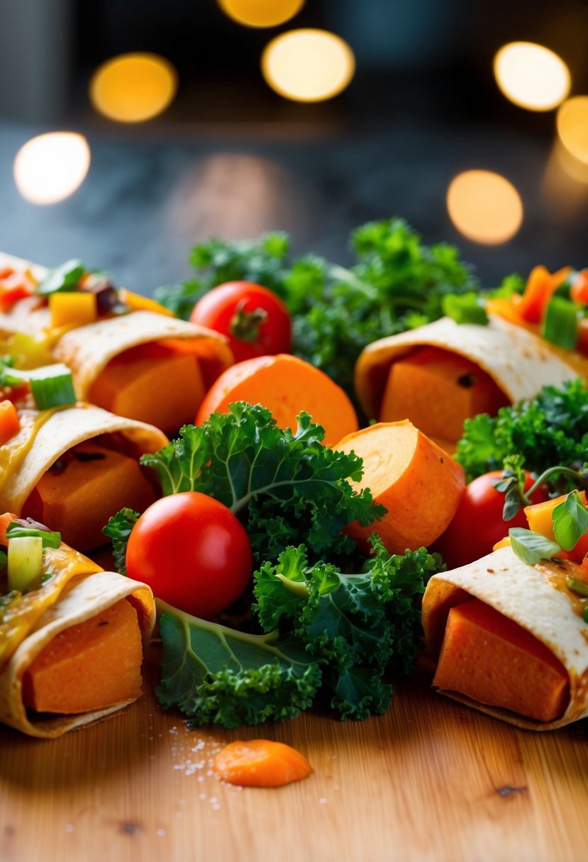 A colorful array of sweet potatoes, kale, and other veggies spilling out from freshly baked enchiladas