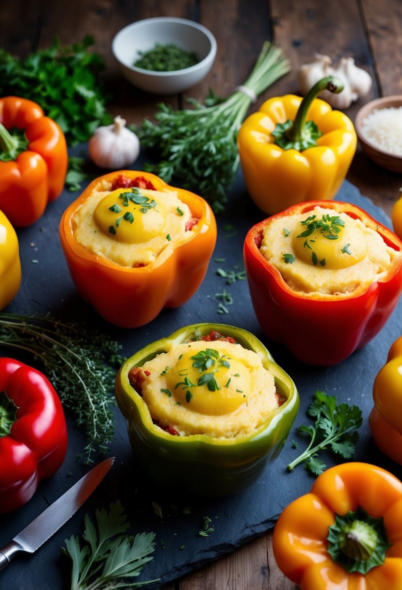 A rustic kitchen scene with colorful bell peppers stuffed with creamy polenta and surrounded by fresh herbs and ingredients