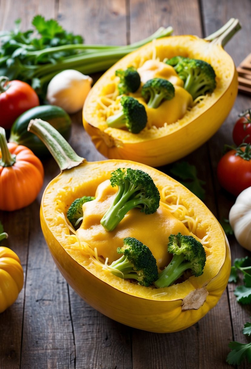 A spaghetti squash cut in half, filled with broccoli and cheese, surrounded by various vegetables on a rustic wooden table