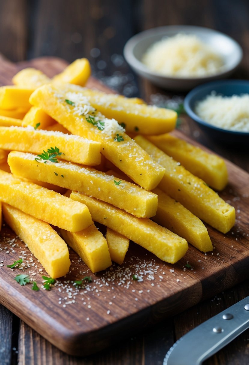 Golden polenta fries sprinkled with garlic and Parmesan on a rustic wooden serving board