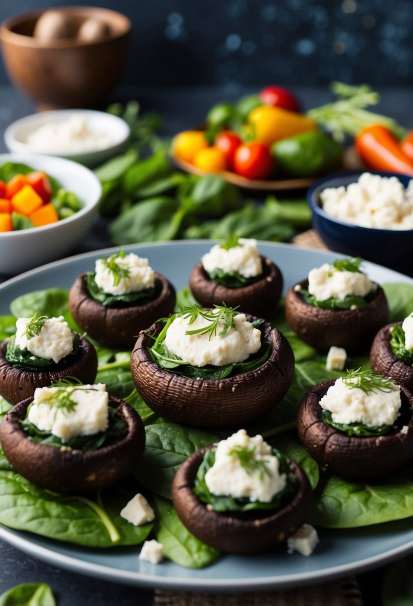 A platter of stuffed portobello mushrooms surrounded by fresh spinach, feta cheese, and other colorful vegetables