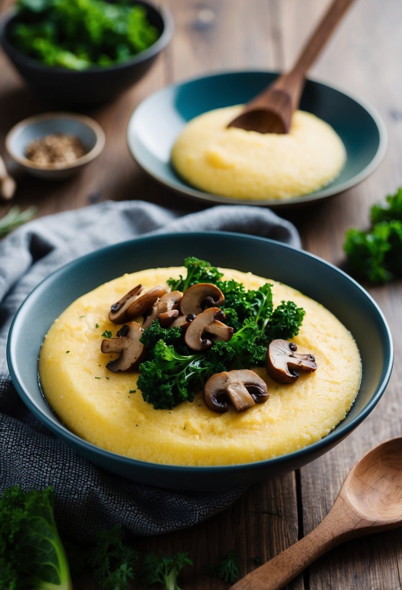 A steaming bowl of polenta topped with sautéed kale and mushrooms, surrounded by fresh ingredients and a rustic wooden spoon