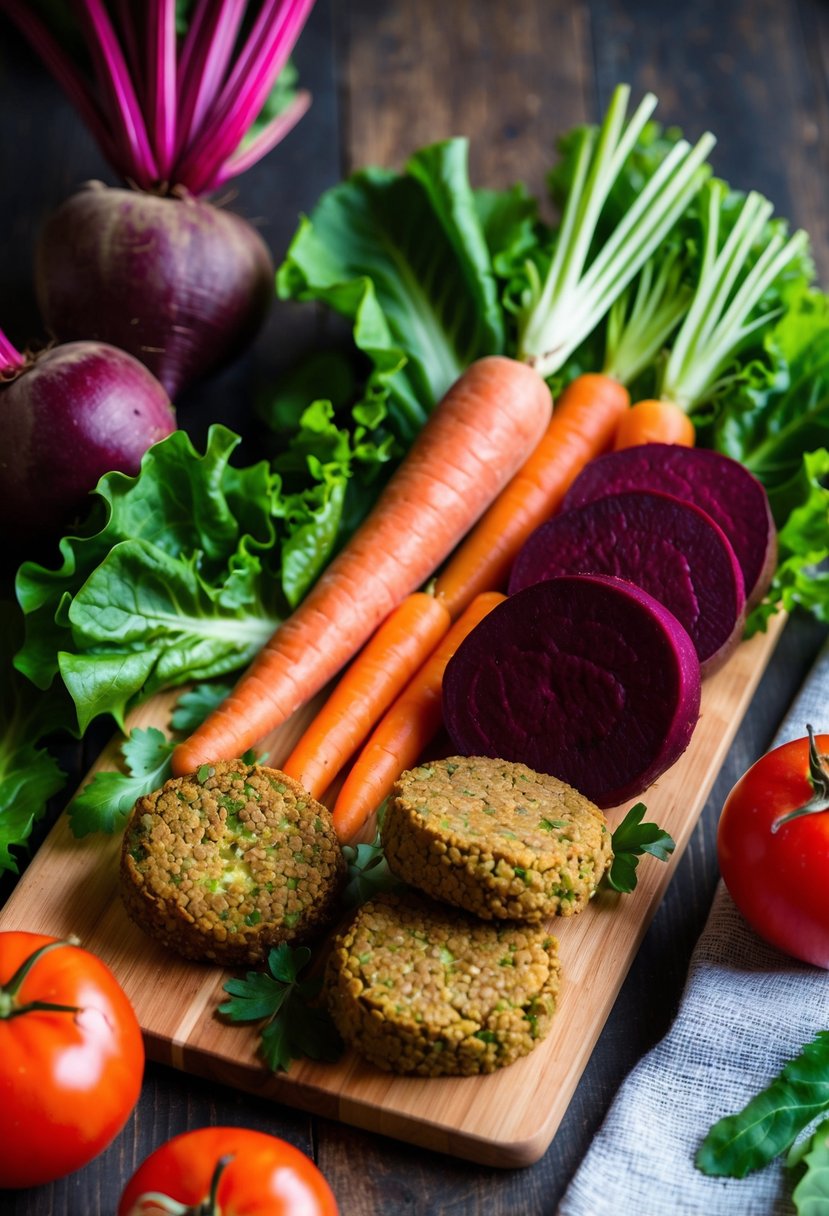 A colorful array of fresh beetroot, carrots, and falafel arranged on a wooden cutting board, surrounded by vibrant green lettuce leaves and ripe tomatoes