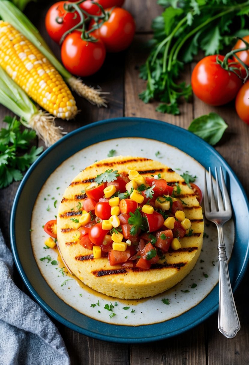 A rustic wooden table with a plate of grilled polenta topped with vibrant tomato salsa, surrounded by fresh ingredients like corn, tomatoes, and herbs