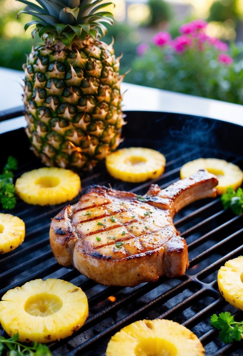 A juicy pork chop sizzling on a grill, surrounded by slices of sweet pineapple and vibrant herbs