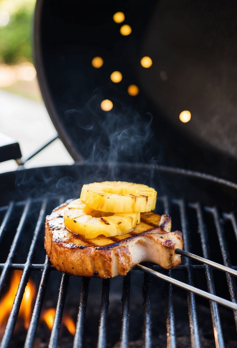 A sizzling pork chop topped with grilled pineapple slices on a hot barbecue grill