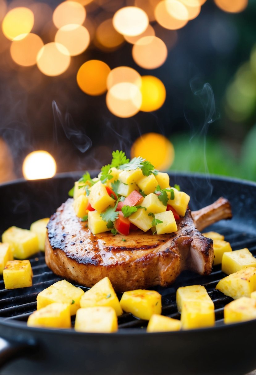 A juicy pork chop topped with vibrant pineapple salsa sizzling on a hot grill