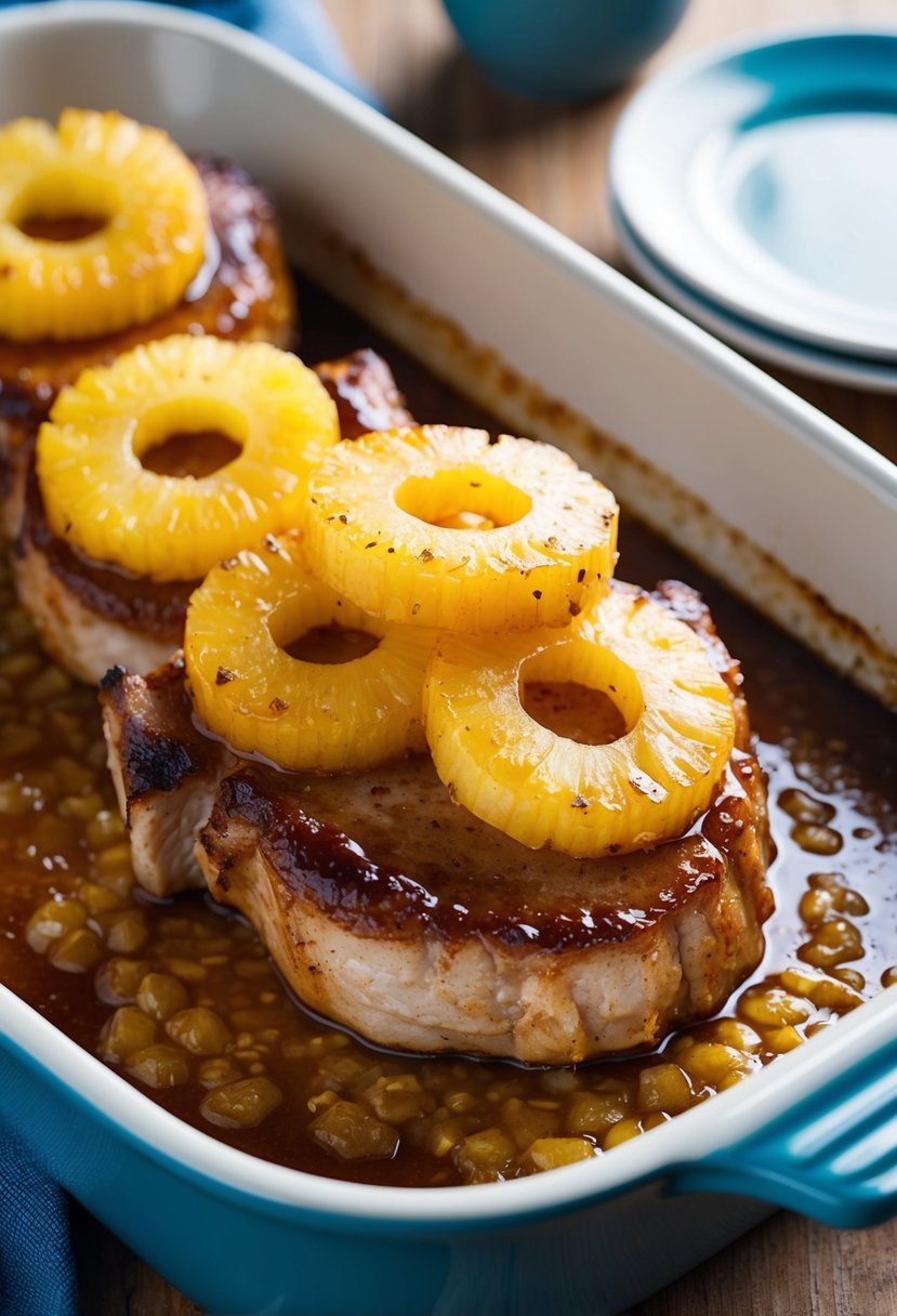 A sizzling pork chop topped with caramelized pineapple slices, surrounded by a golden honey glaze in a baking dish