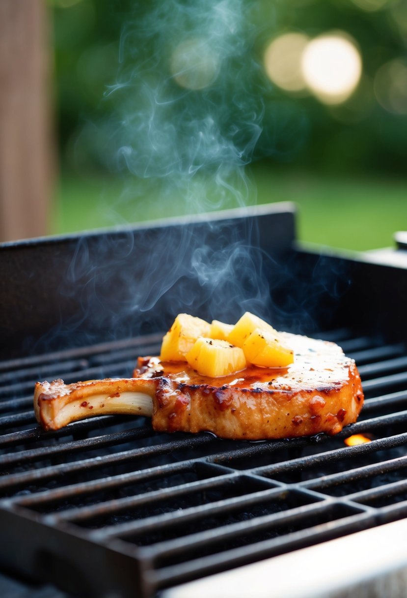 A sizzling pork chop glazed with pineapple sauce on a hot grill