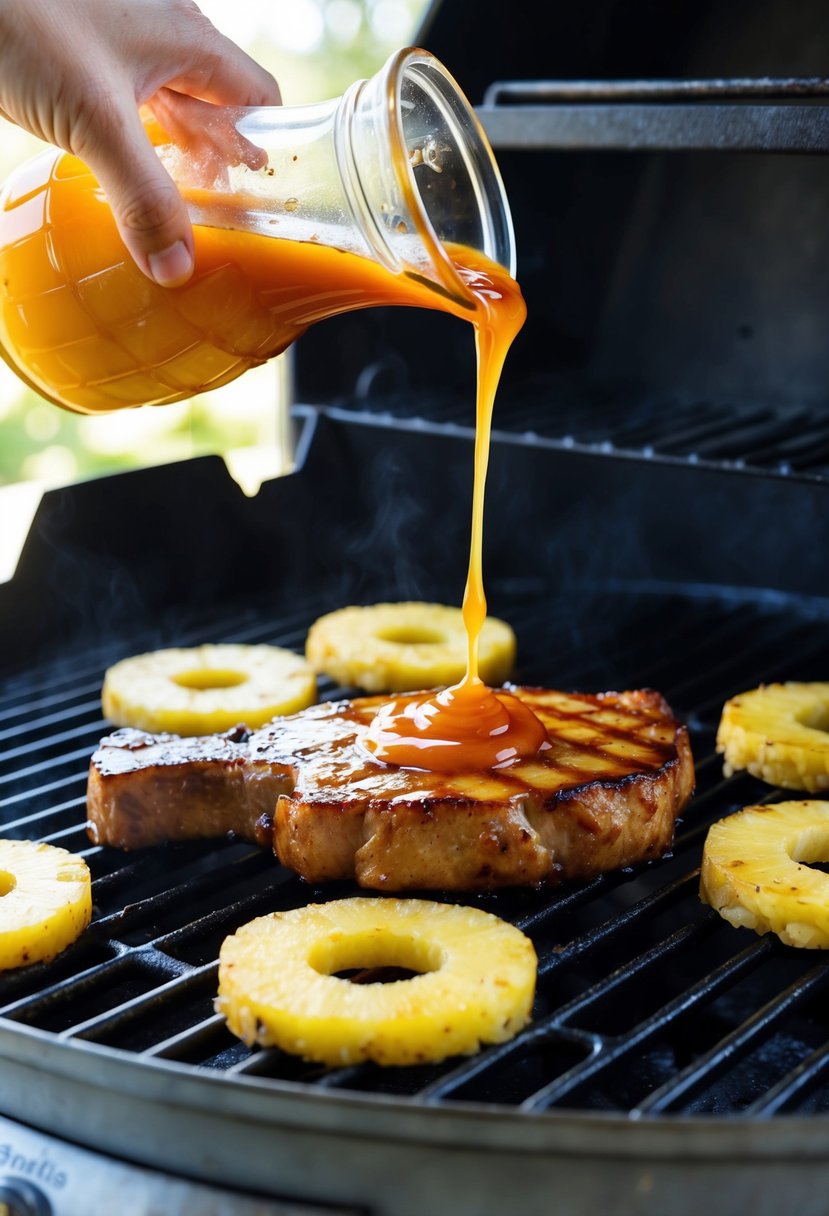 Pineapple slices and teriyaki sauce drizzling over sizzling pork chops on a hot grill