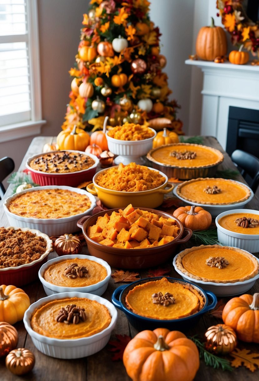 A table adorned with a variety of sweet potato dishes, from casseroles to pies, surrounded by festive autumn decorations