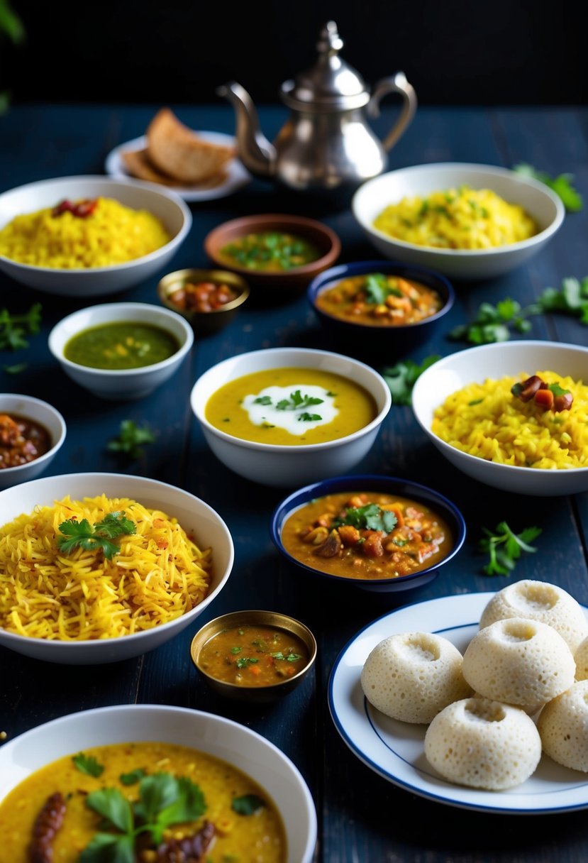 A table set with various traditional Indian breakfast dishes, including rava recipes like upma and idli, accompanied by chutneys and sambar