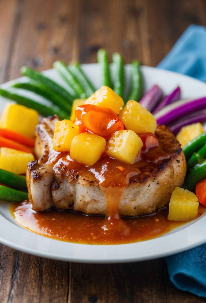 A sizzling pork chop topped with chunks of sweet and sour pineapple sauce, surrounded by colorful vegetables on a white plate