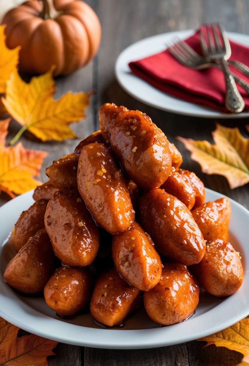 A pile of candied sweet potatoes, glistening with a sugary glaze, surrounded by autumn leaves and a festive table setting