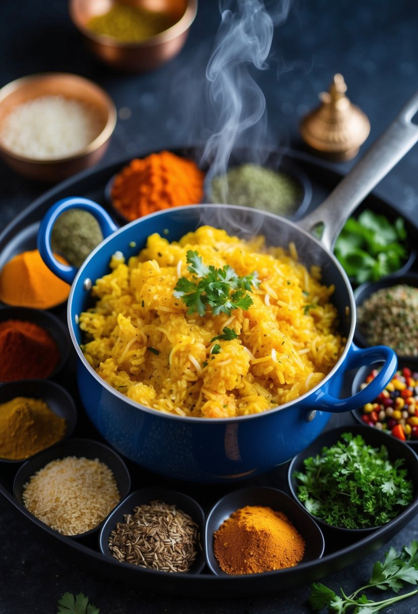 A steaming pot of Rava Upma surrounded by colorful Indian spices and herbs, ready to be served for breakfast