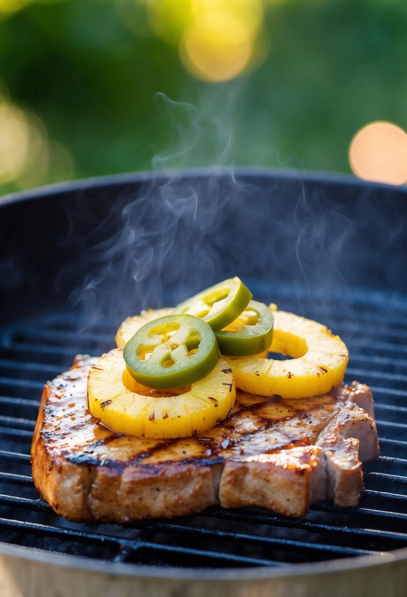 A sizzling pork chop topped with pineapple and jalapeño slices on a hot grill