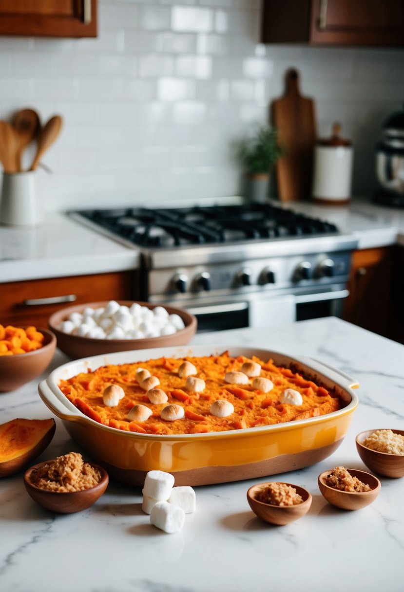 A kitchen counter with a baking dish of sweet potato casserole surrounded by ingredients like sweet potatoes, marshmallows, and brown sugar