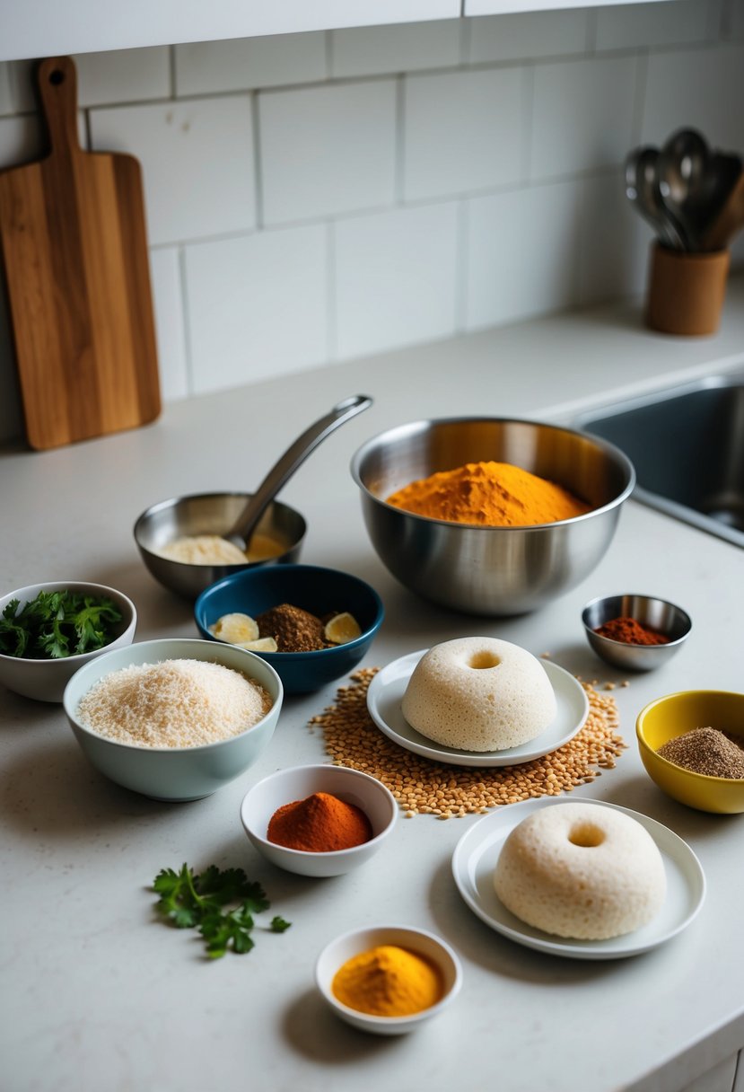 A kitchen counter with ingredients and utensils for making Sooji Idli, including rava, spices, and a mixing bowl