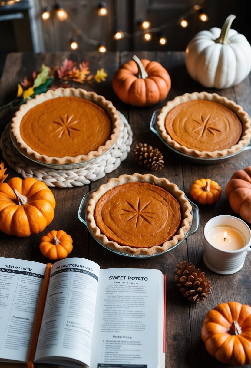 A rustic kitchen table with a freshly baked sweet potato pie surrounded by Thanksgiving decorations and a recipe book open to sweet potato recipes