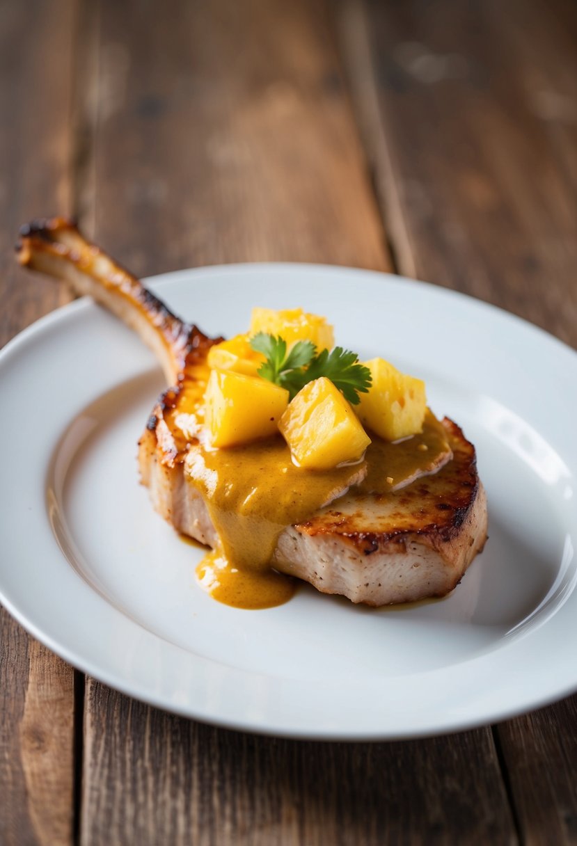 A sizzling pork chop topped with pineapple curry sauce on a white plate