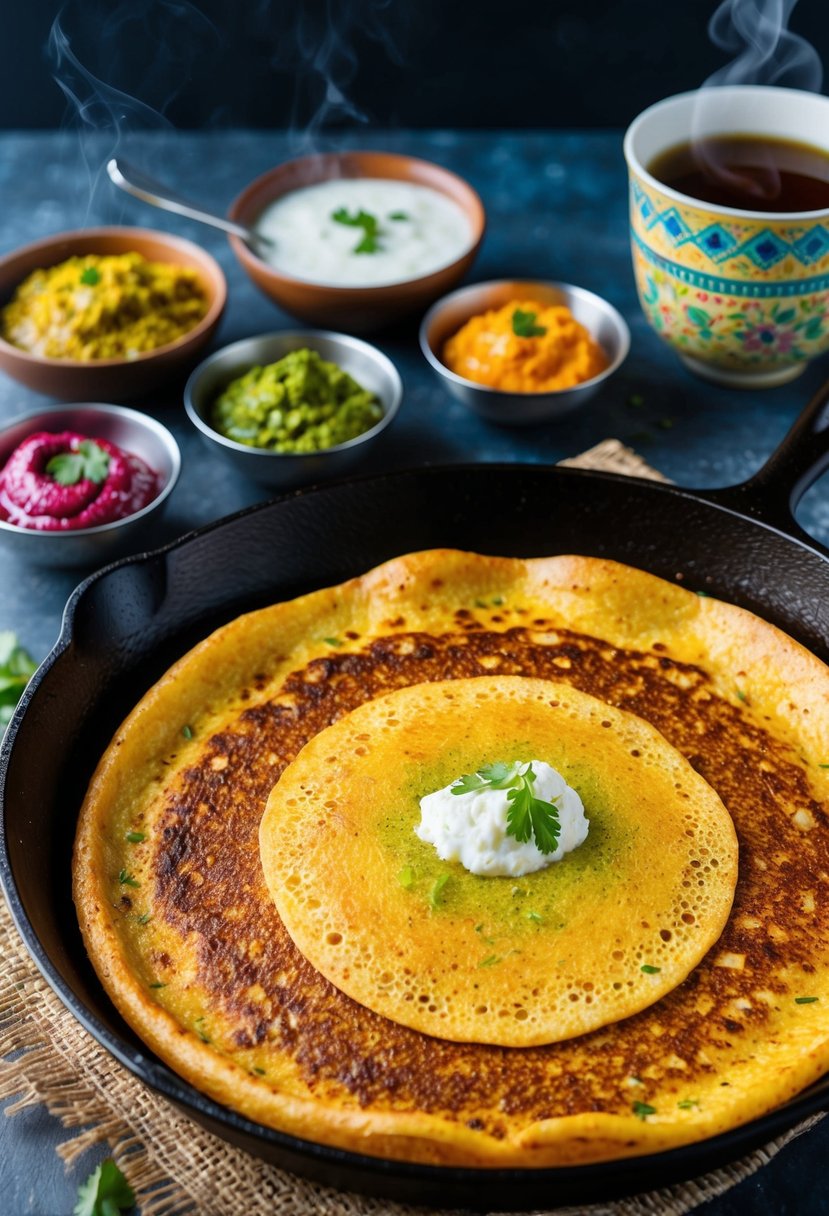 A steaming hot Rava Dosa sizzling on a cast iron skillet, surrounded by bowls of vibrant chutneys and a cup of piping hot chai