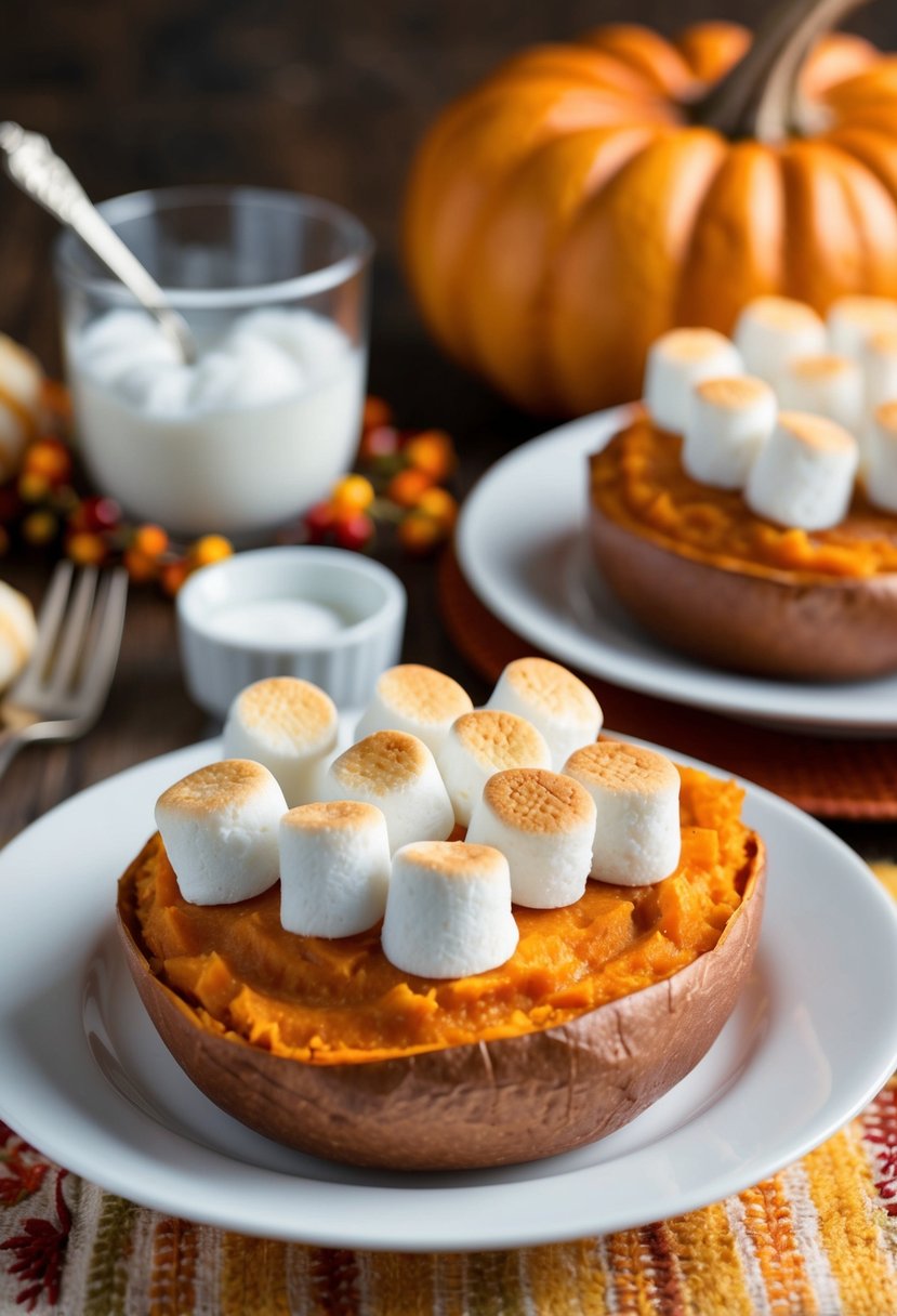 A golden-brown sweet potato casserole topped with fluffy white marshmallows in a festive Thanksgiving setting