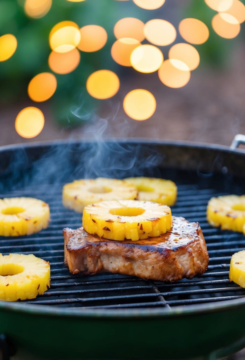 A sizzling pork chop topped with pineapple slices cooking on a BBQ grill