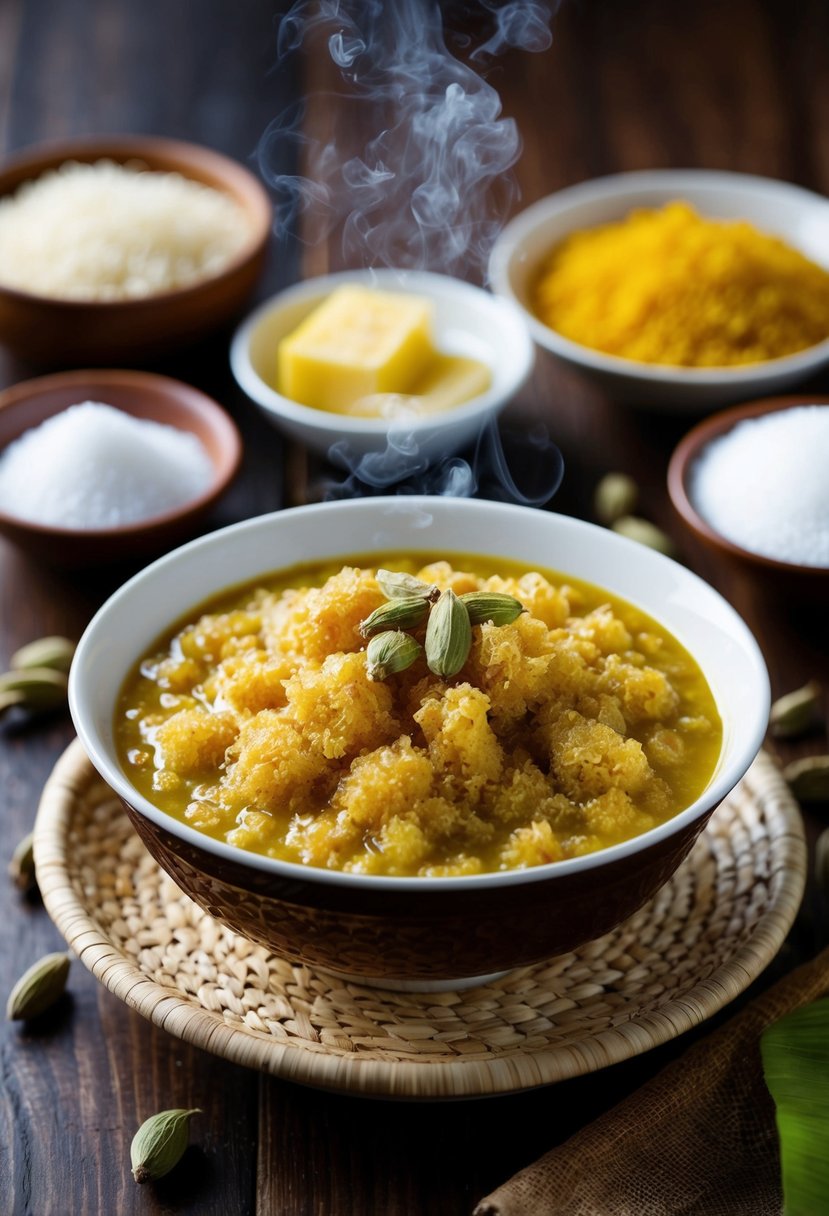 A steaming bowl of Sooji Halwa sits on a wooden table, surrounded by ingredients like ghee, sugar, and cardamom. A traditional Indian breakfast scene