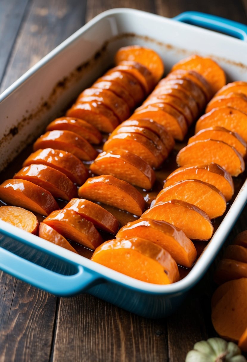 A baking dish filled with sliced sweet potatoes coated in a glistening maple glaze, ready to be roasted for a Thanksgiving feast