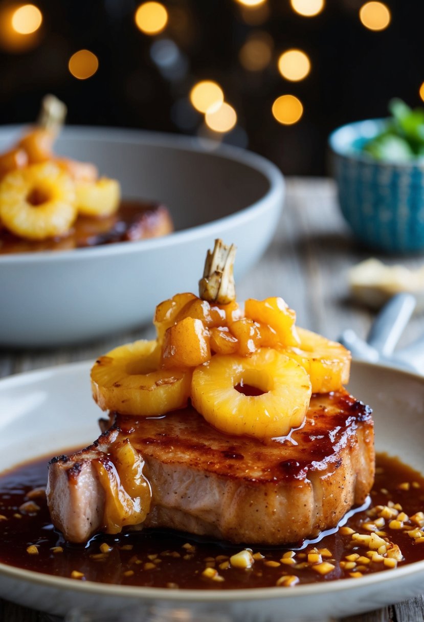 A sizzling pork chop topped with caramelized pineapple and ginger glaze