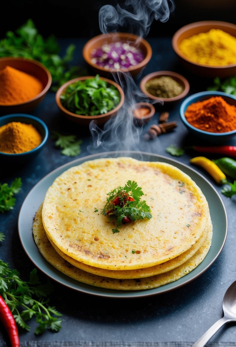 A steaming plate of Rava Uttapam surrounded by colorful Indian spices and fresh herbs