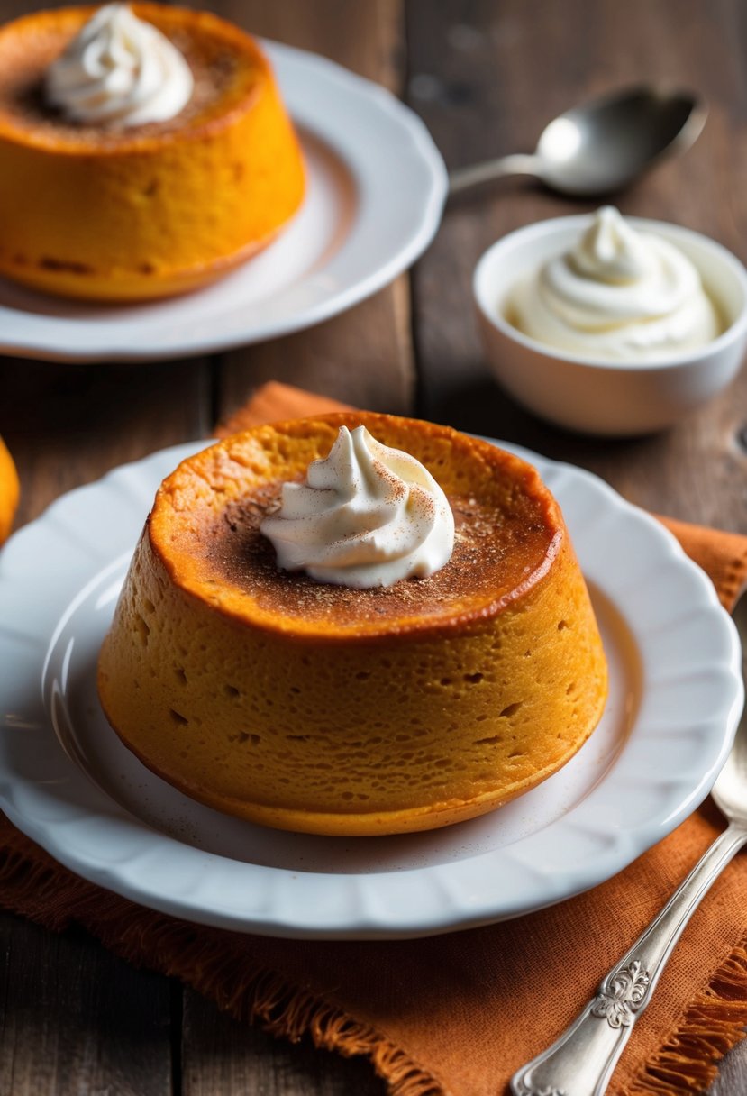 A golden-brown sweet potato soufflé sits on a rustic Thanksgiving table, garnished with a sprinkle of cinnamon and a dollop of whipped cream