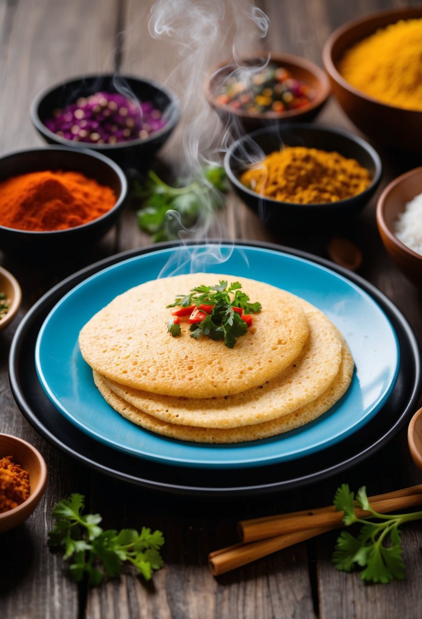 A steaming plate of Sooji Appe, a popular Indian breakfast, sits on a wooden table surrounded by colorful spices and fresh ingredients