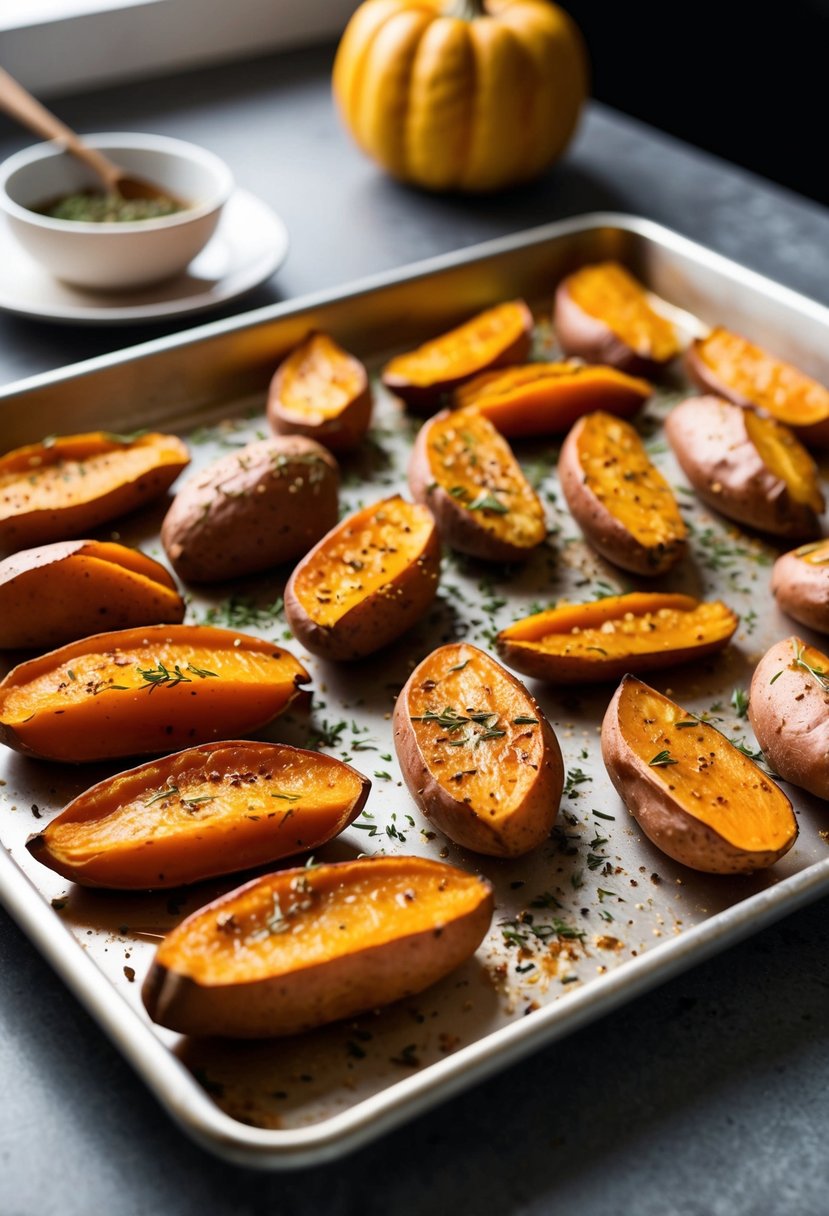 A baking sheet filled with honey roasted sweet potatoes, sprinkled with herbs and spices, ready to be served for Thanksgiving dinner