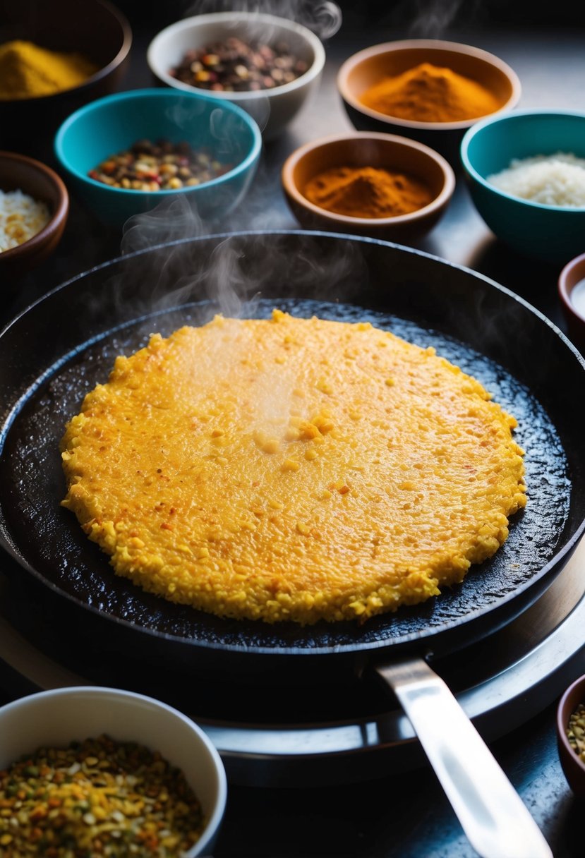 A steaming plate of Sooji Cheela being prepared on a sizzling hot griddle, surrounded by bowls of various spices and ingredients