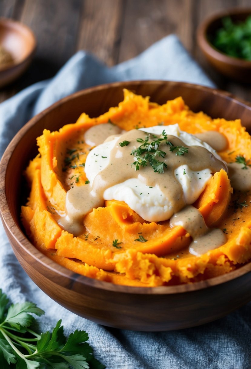 A rustic wooden bowl filled with creamy mashed sweet potatoes topped with a drizzle of savory gravy and a sprinkle of fresh herbs