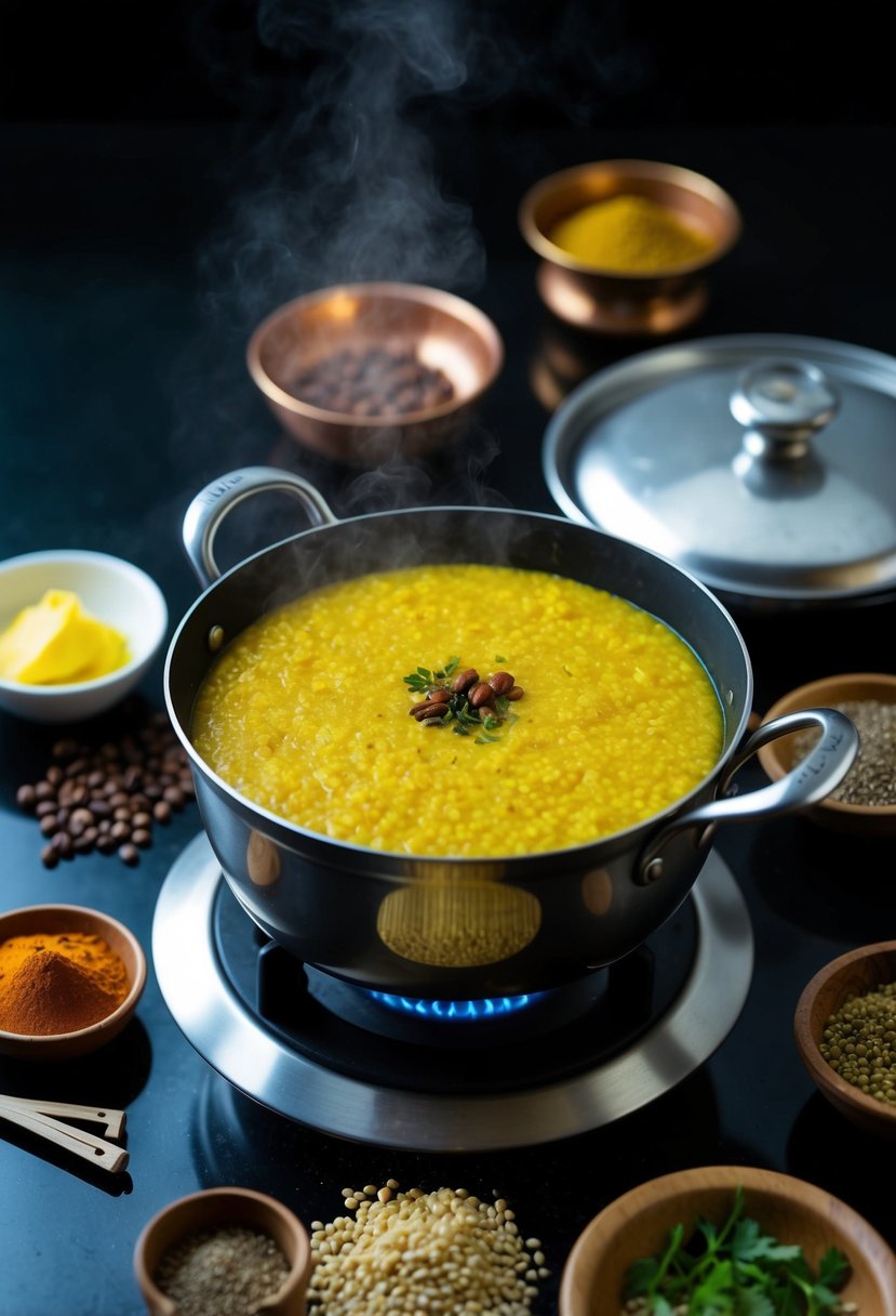 A steaming pot of Rava Pongal simmers on a stove, surrounded by ingredients like lentils, spices, and ghee. A traditional Indian breakfast scene