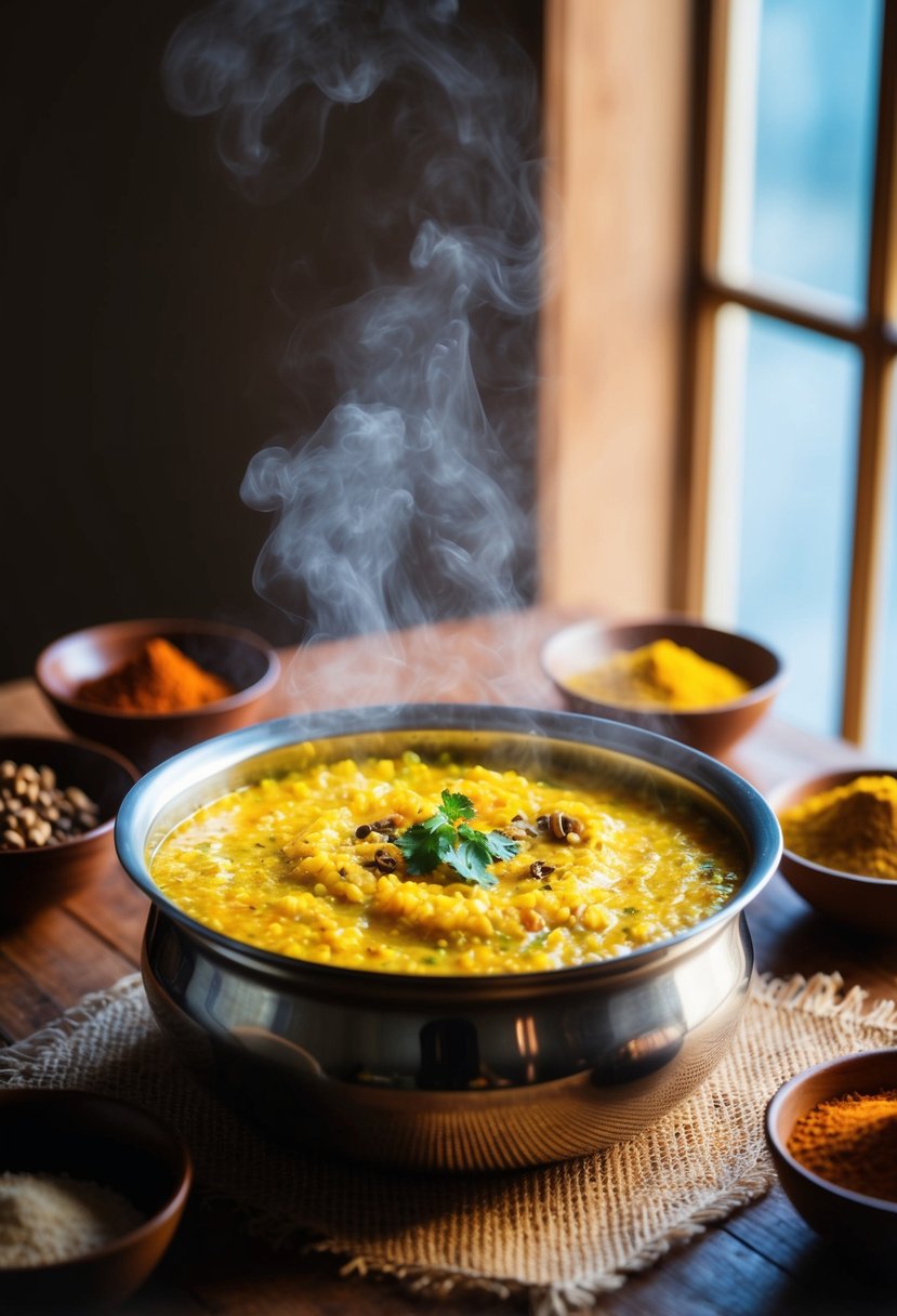 A steaming pot of Rava Kesari sits on a wooden table, surrounded by bowls of fragrant spices and ingredients. Sunlight streams through a nearby window, casting a warm glow over the scene