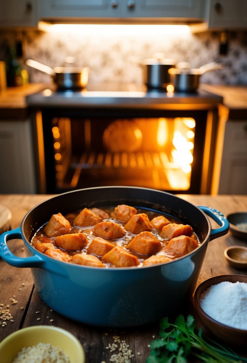 A rustic kitchen with a bubbling pot of bourbon sweet potatoes, surrounded by scattered ingredients and a warm, inviting glow from the oven