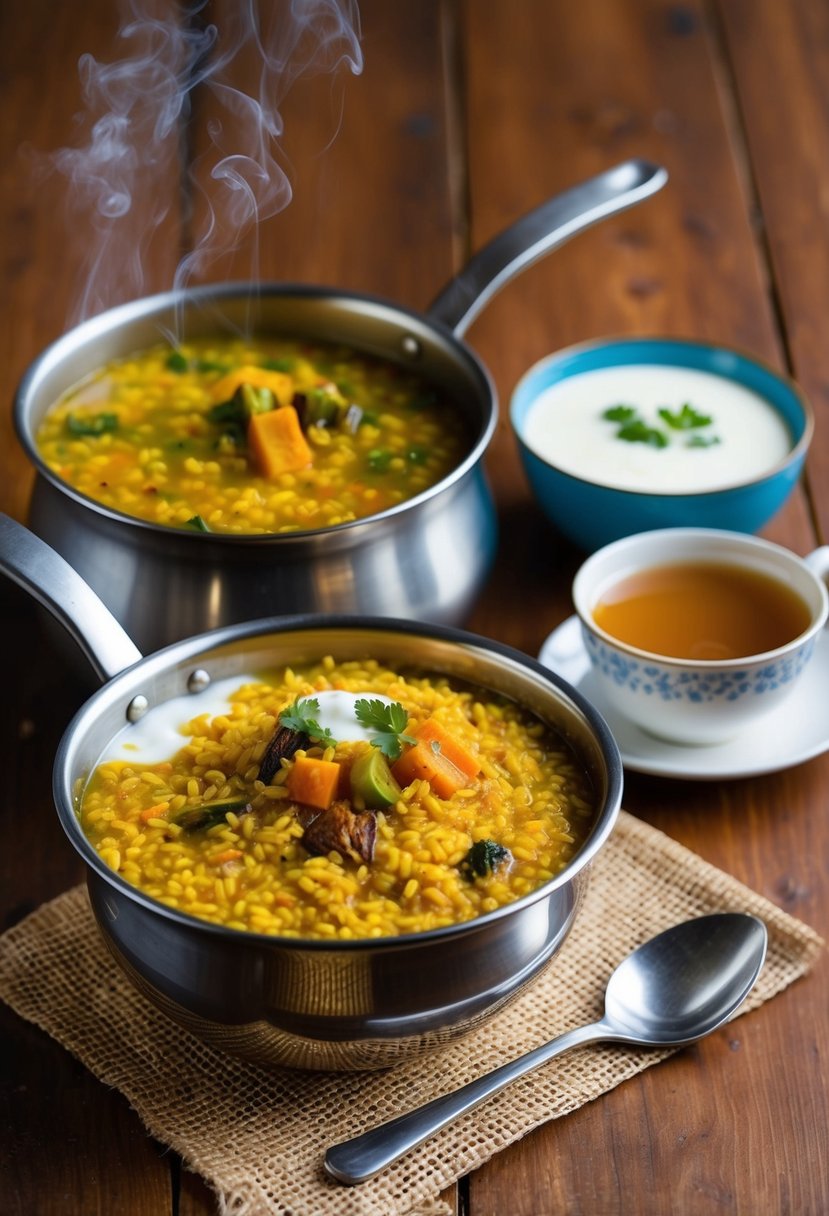 A steaming pot of Sooji Khichdi with spices and vegetables, served alongside a bowl of yogurt and a cup of hot chai