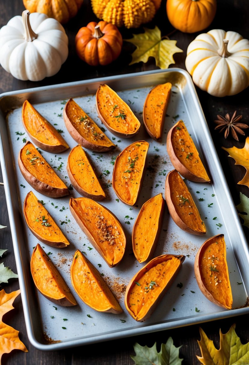 A baking sheet with golden brown sweet potato wedges, sprinkled with spices and herbs, surrounded by fall-themed decorations